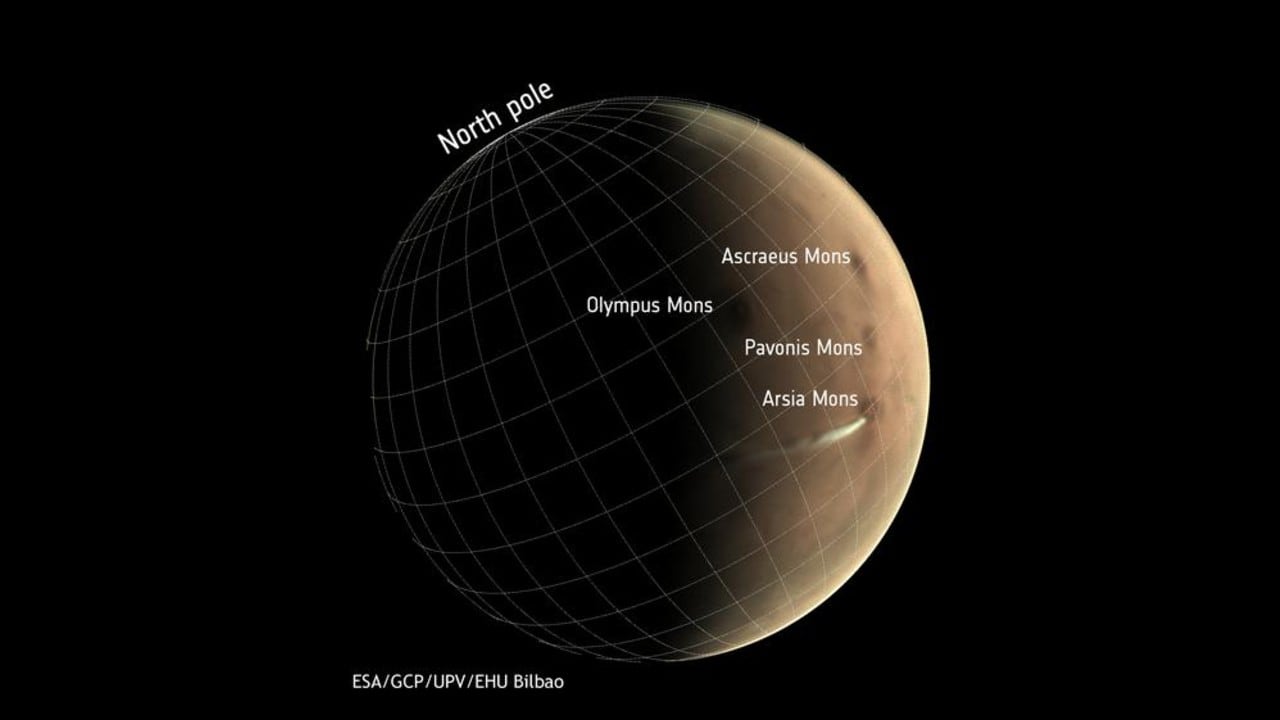 Arsia Mons, el volcán de 20 kilómetros de altura cerca del ecuador de Marte, junto al que se forma cada mañana la nube alargada.