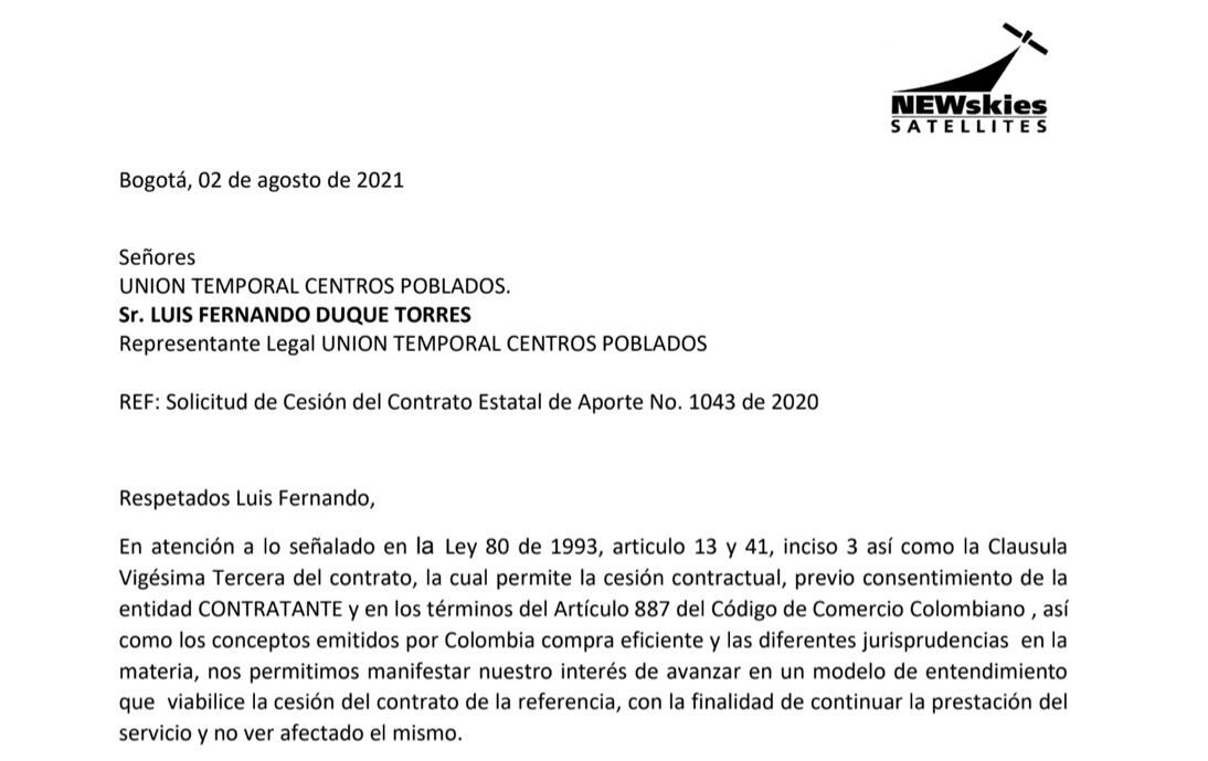 Con esta carta, la empresa New Skies Satellites manifestó su interés de quedarse con el contrato.