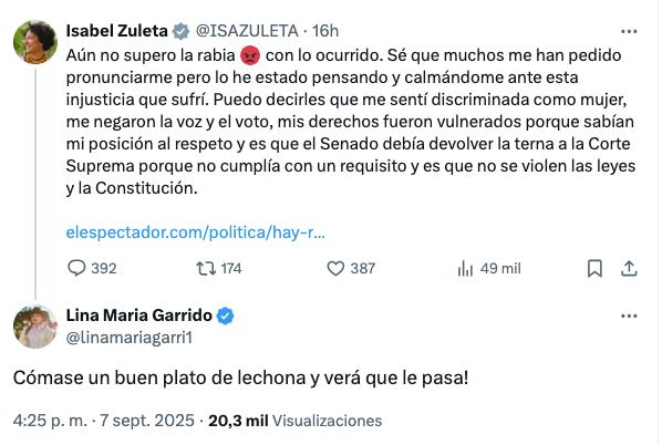 El mensaje de la senadora Isabel Zuleta en X: