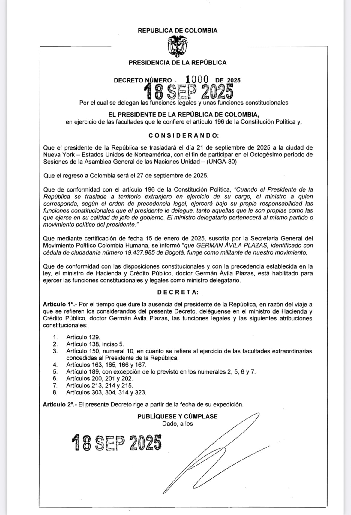 Decreto viaje Gustavo Petro Asamblea General de la ONU