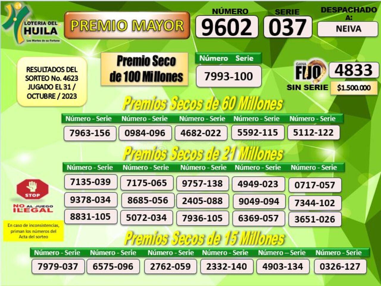 Lotería del Huila. Sorteo del 31 de octubre.