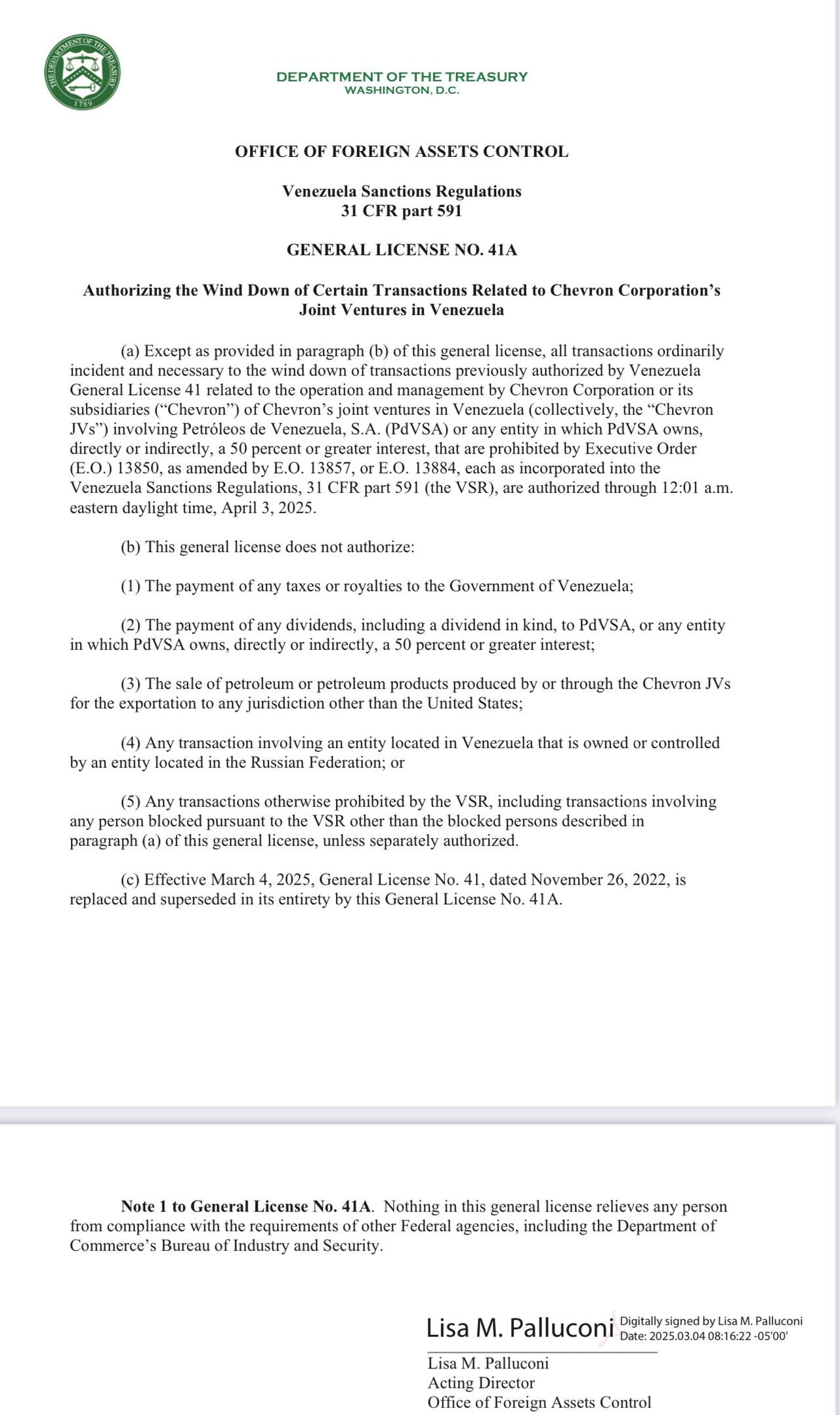 Las operaciones de Chevron en Venezuela quedarán liquidadas en 30 días.