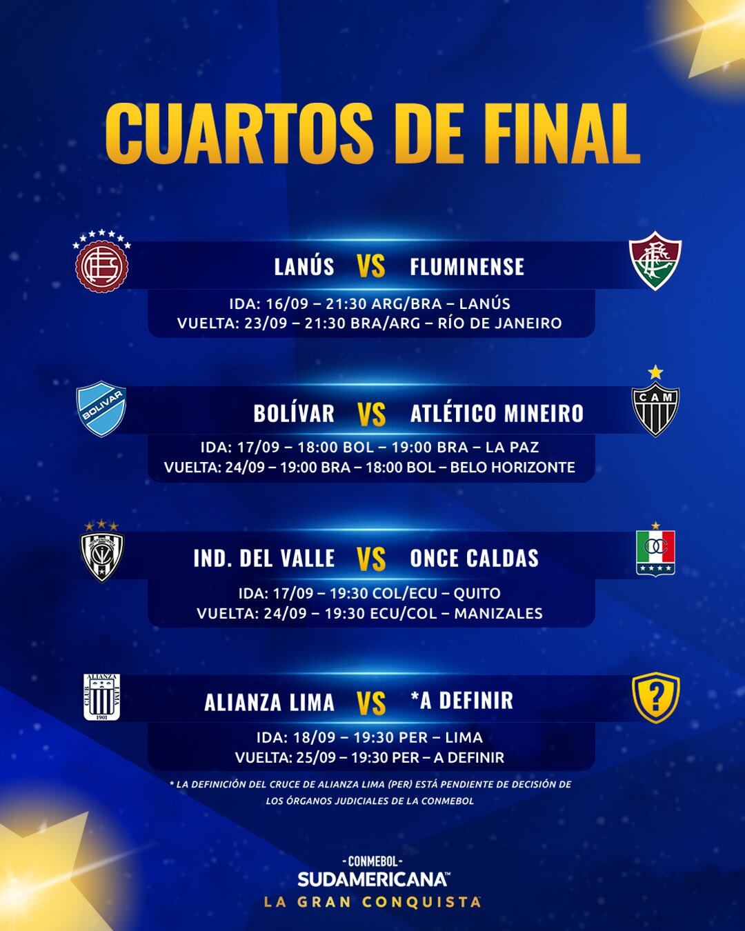 Programación de cuartos de final en Copa Sudamericana. Partidazo entre Once Caldas e Independiente del Valle.