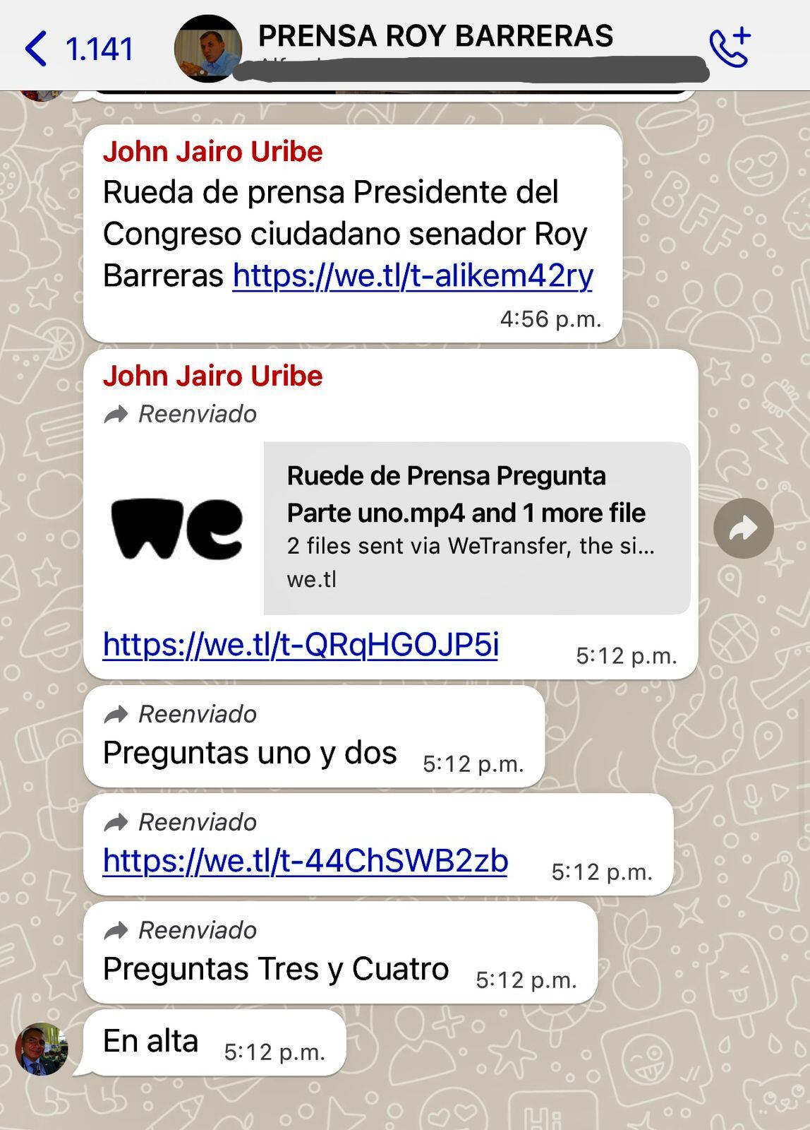 Grupo de Whastapp del senador Roy Barreras.