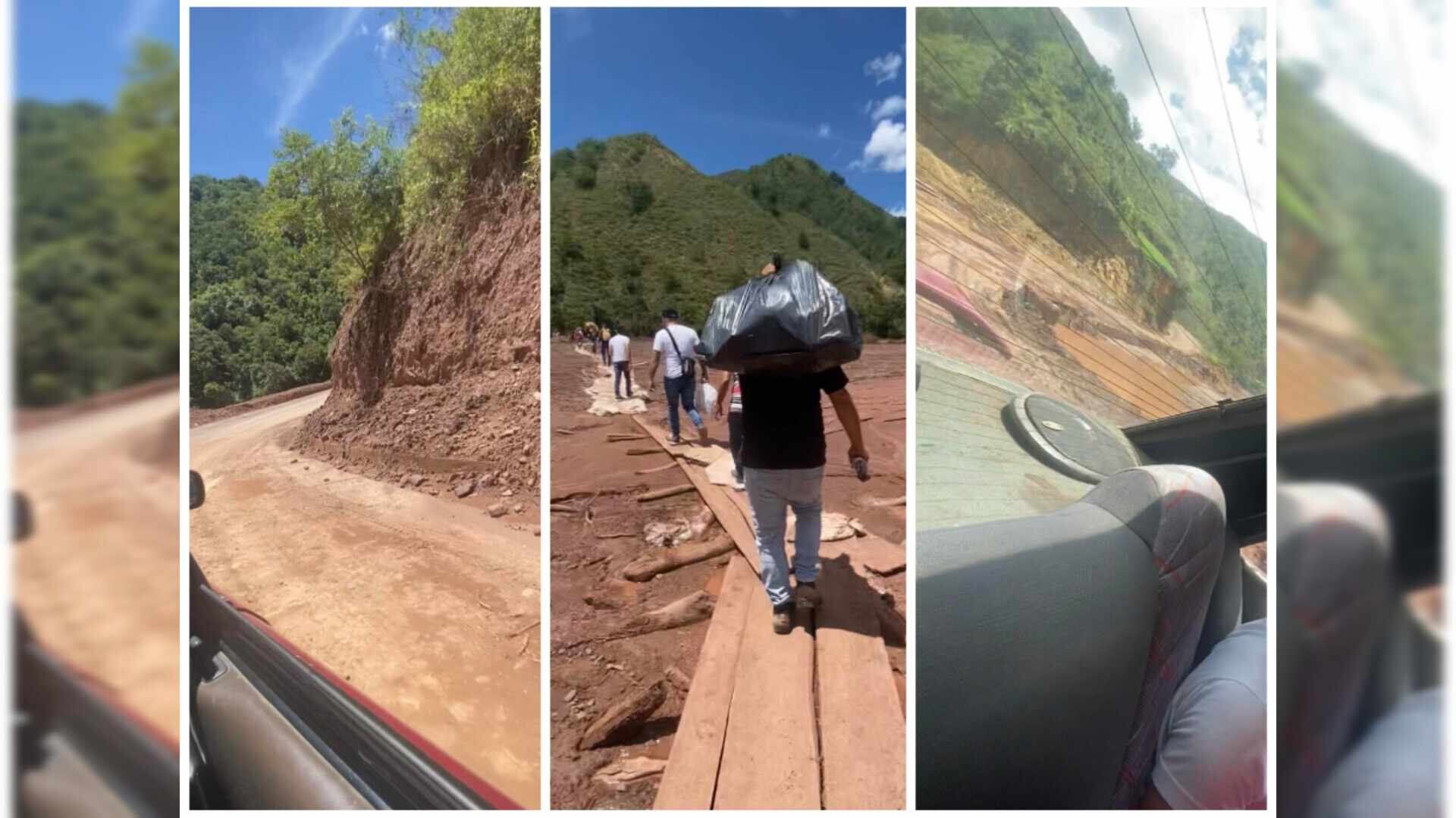 Los pasajeros deben hacer un recorrido a pie en la zona afectada entre el río y las casas destruidas.