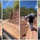 Los pasajeros deben hacer un recorrido a pie en la zona afectada entre el río y las casas destruidas.