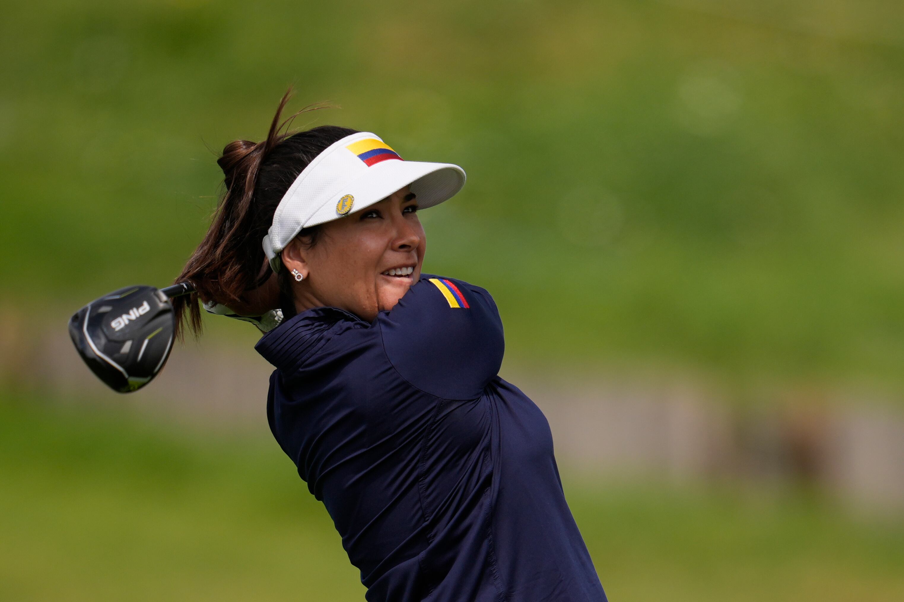 Maria Jose Uribe, of Colombia, hits her shot from the 3rd tee during the third round of the women's golf event at the 2024 Summer Olympics, Friday, Aug. 9, 2024, at Le Golf National, in Saint-Quentin-en-Yvelines, France. (AP Photo/George Walker IV)