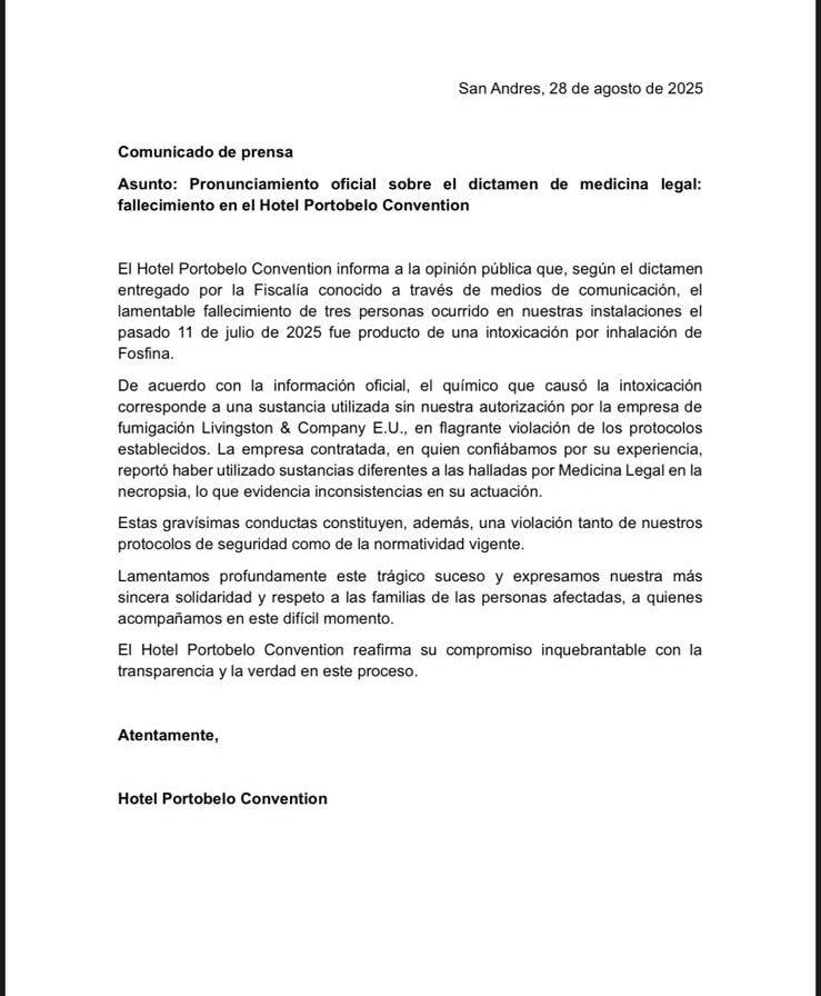 Este fue el comunicado que emitió el hotel en las últimas horas.