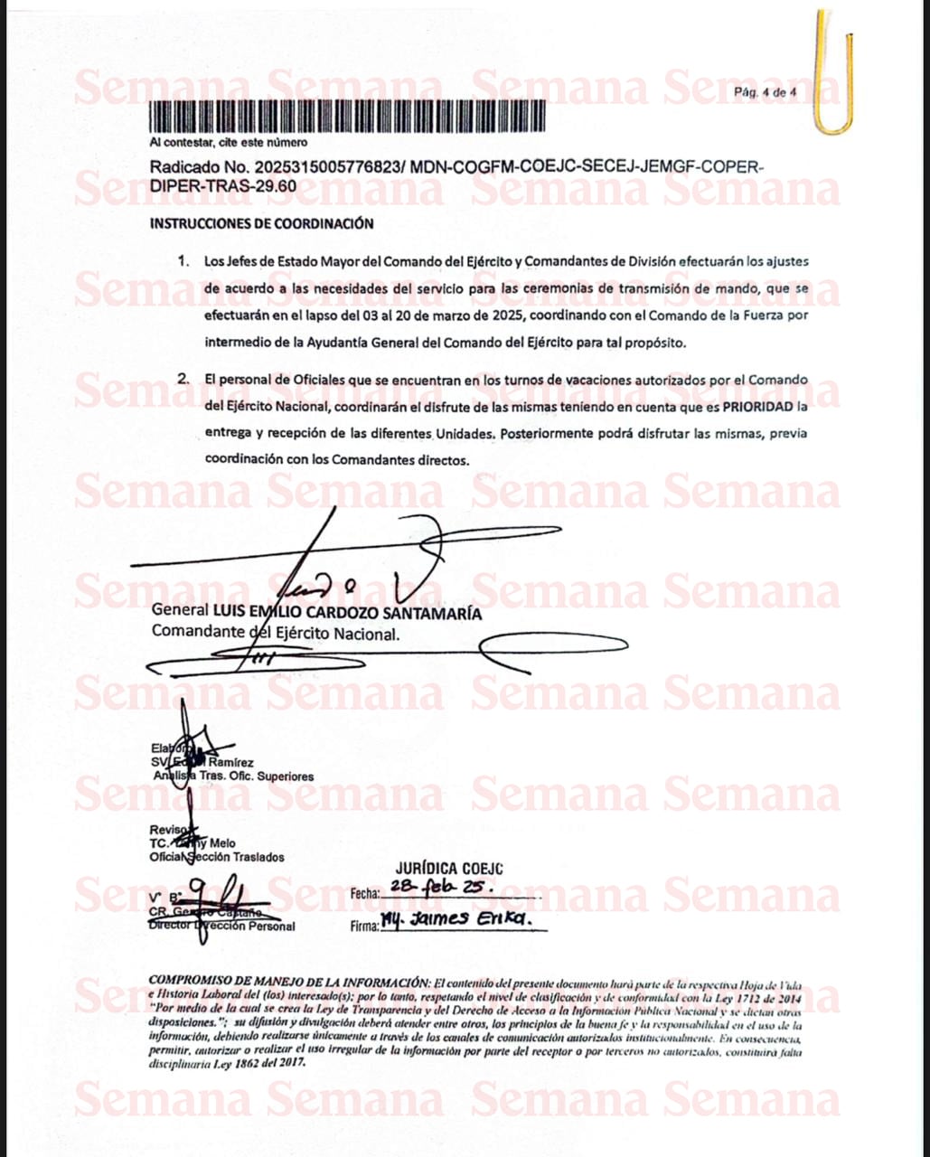 Jefe de estado mayo del comando del ejercito y comandante de divicion carta