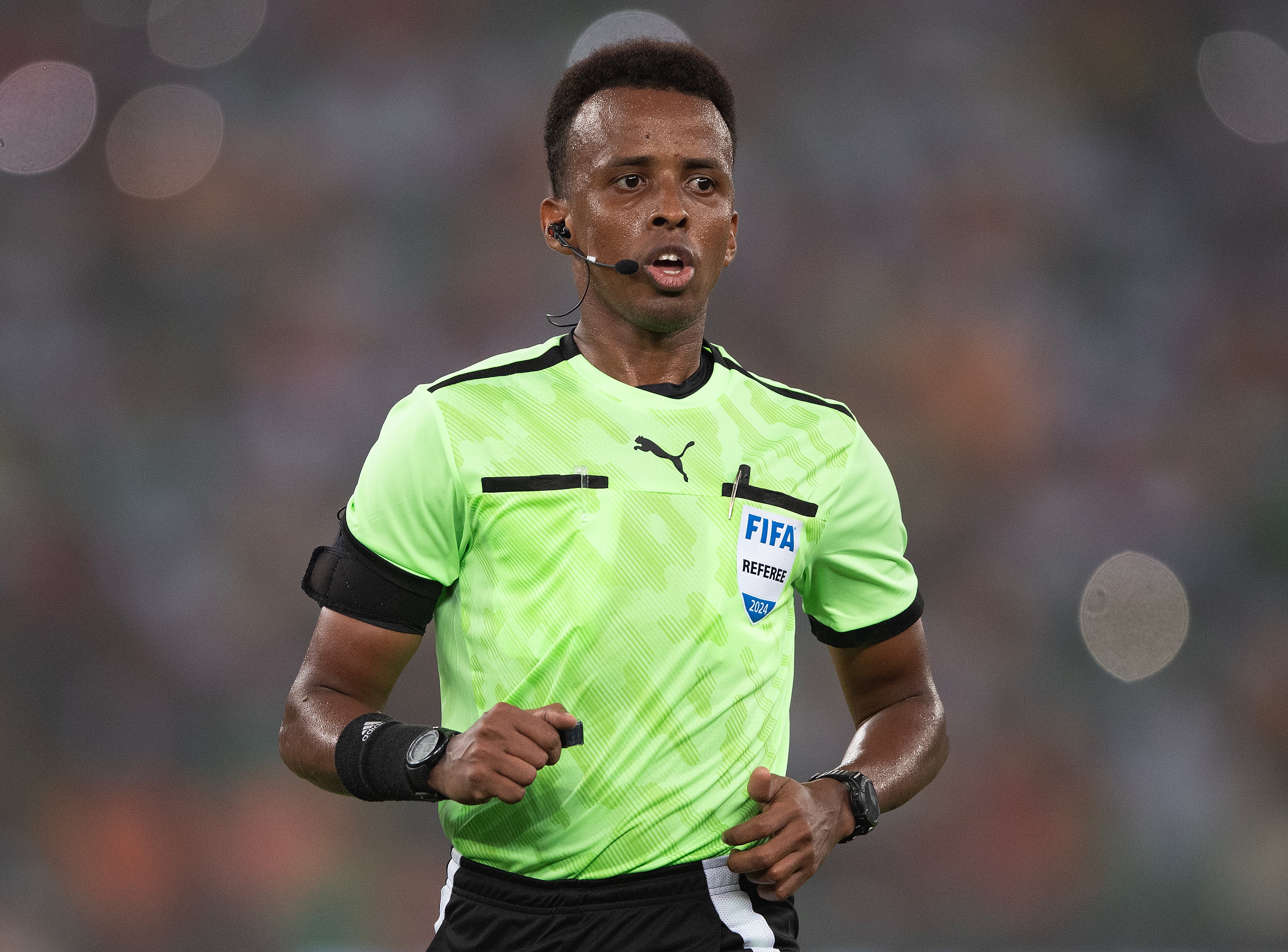 ABIDJAN, IVORY COAST - JANUARY 28: Somali referee Omar Abdulkadir Artan during the TotalEnergies CAF Africa Cup of Nations round of 16 match between Equatorial Guinea and Guinea at Alassane Ouattara Stadium on January 28, 2024 in Abidjan, Ivory Coast. (Photo by Visionhaus/Getty Images)