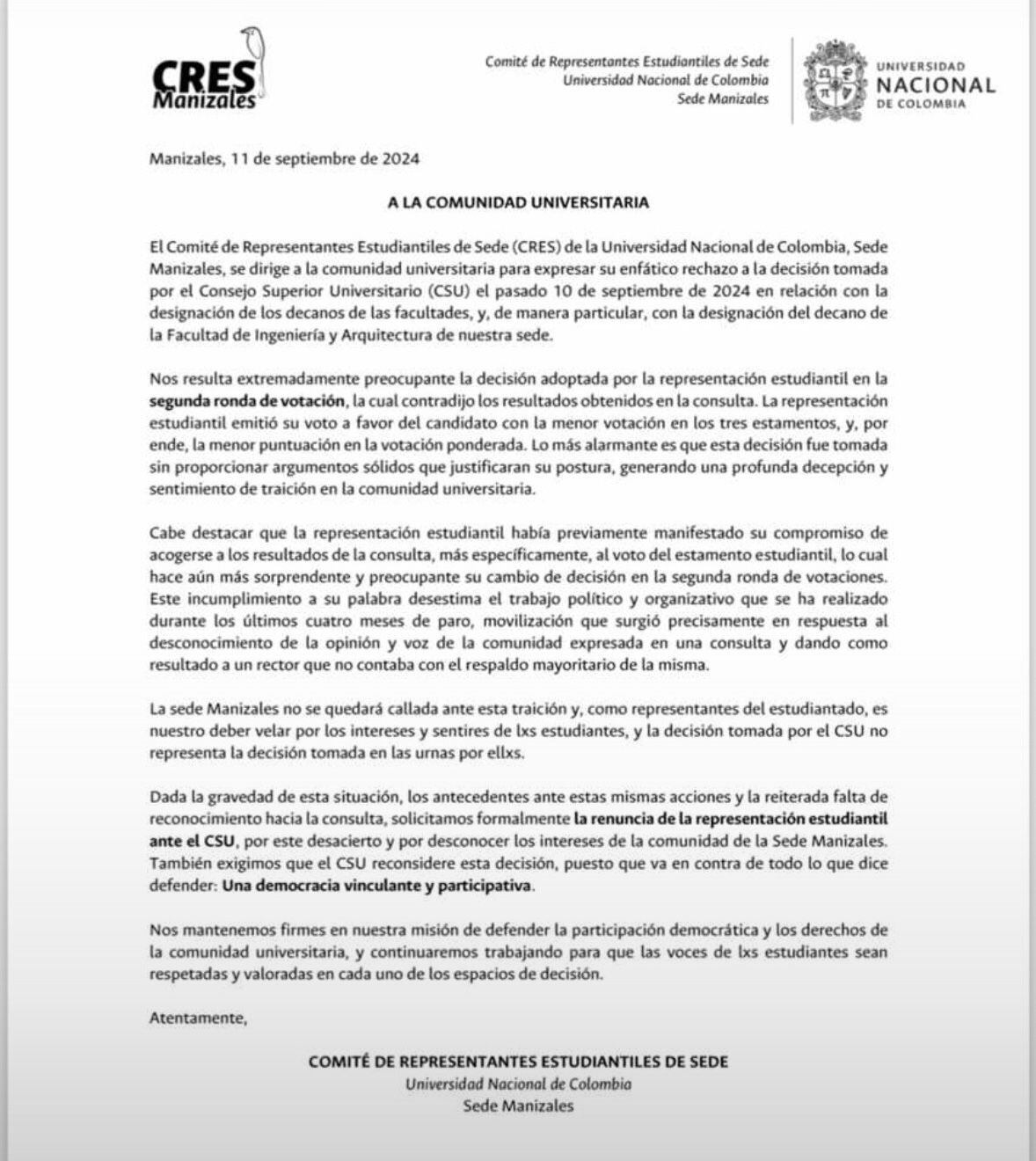 Comunicado profesores Universidad Nacional sede Manizales