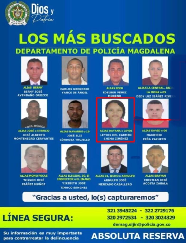 El cartel de los mas buscados en donde aparece alias Dayana o 5-7, presunta integrante del Clan del Golfo.