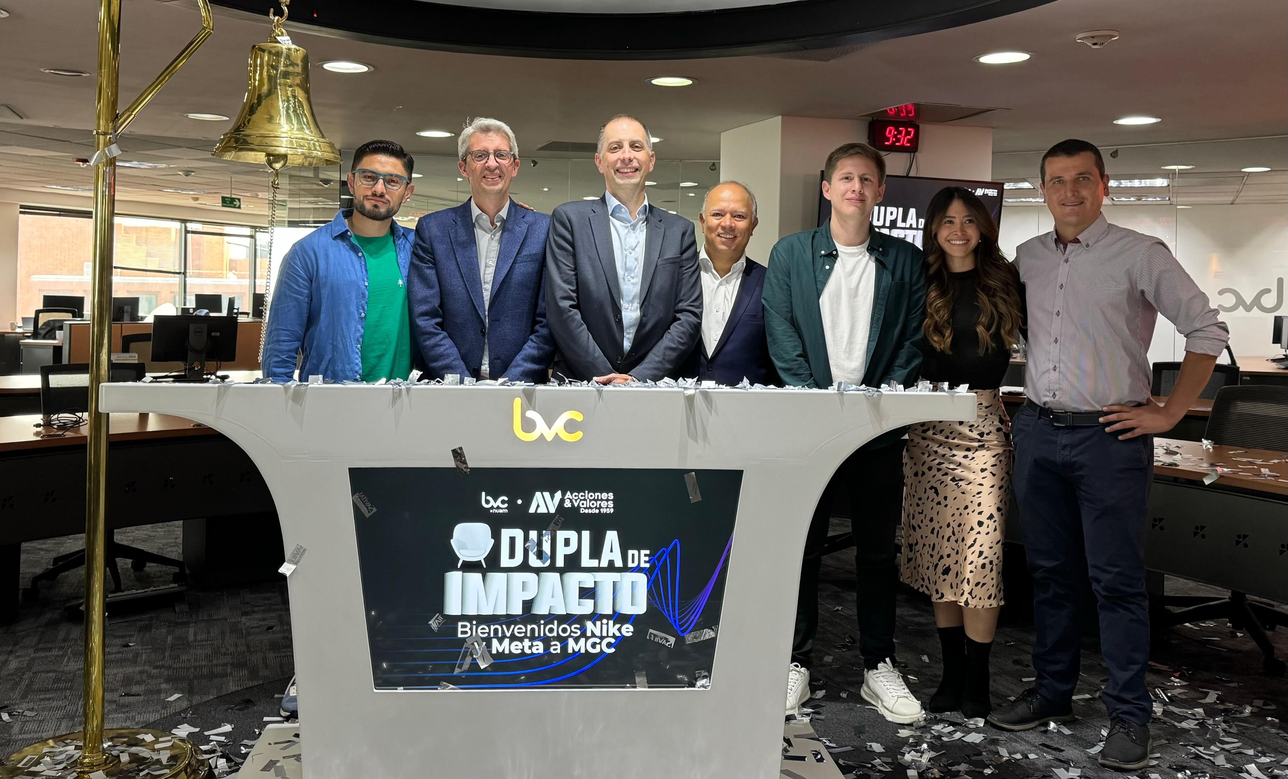 Carlos Guayara, cofundador de trii; Luis Felipe Aparicio, gerente Comercial de Acciones & Valores; Andrés Restrepo, gerente general de bvc; Jorge Abreo, gerente de Clientes, Corredores y Fondos de nuam; Diego Torres, cofundador de trii; Paola Lenis, ejecutivo Comercial Sr de nuam; y Juan Carlos Espitia, gerente de Soluciones de Inversión de Acciones & Valores.