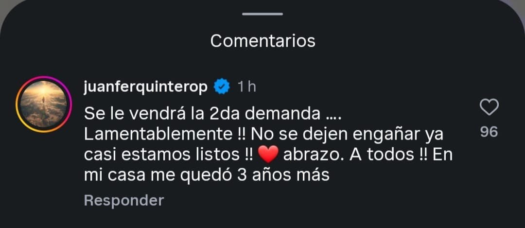 El comentario en Instagram de Juan Fernando Quintero.