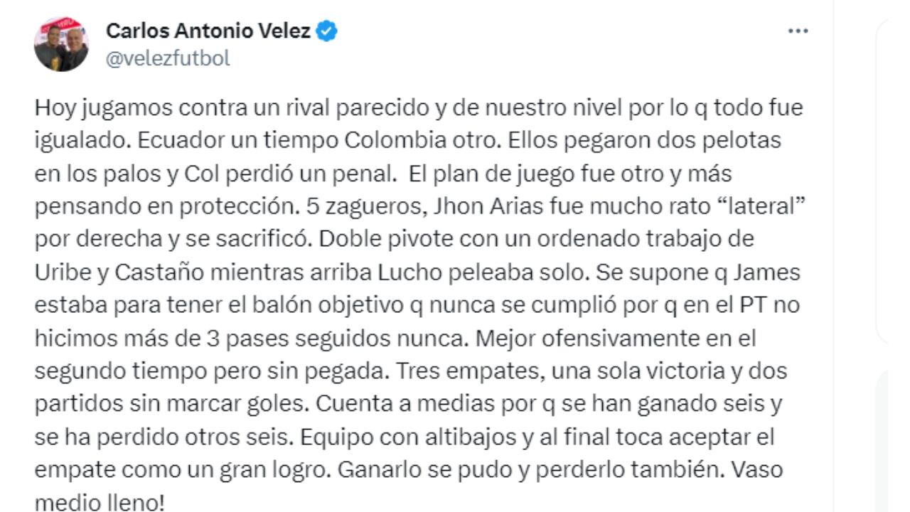 Carlos Antonio Vélez y su mensaje tras el duelo frente a Ecuador.