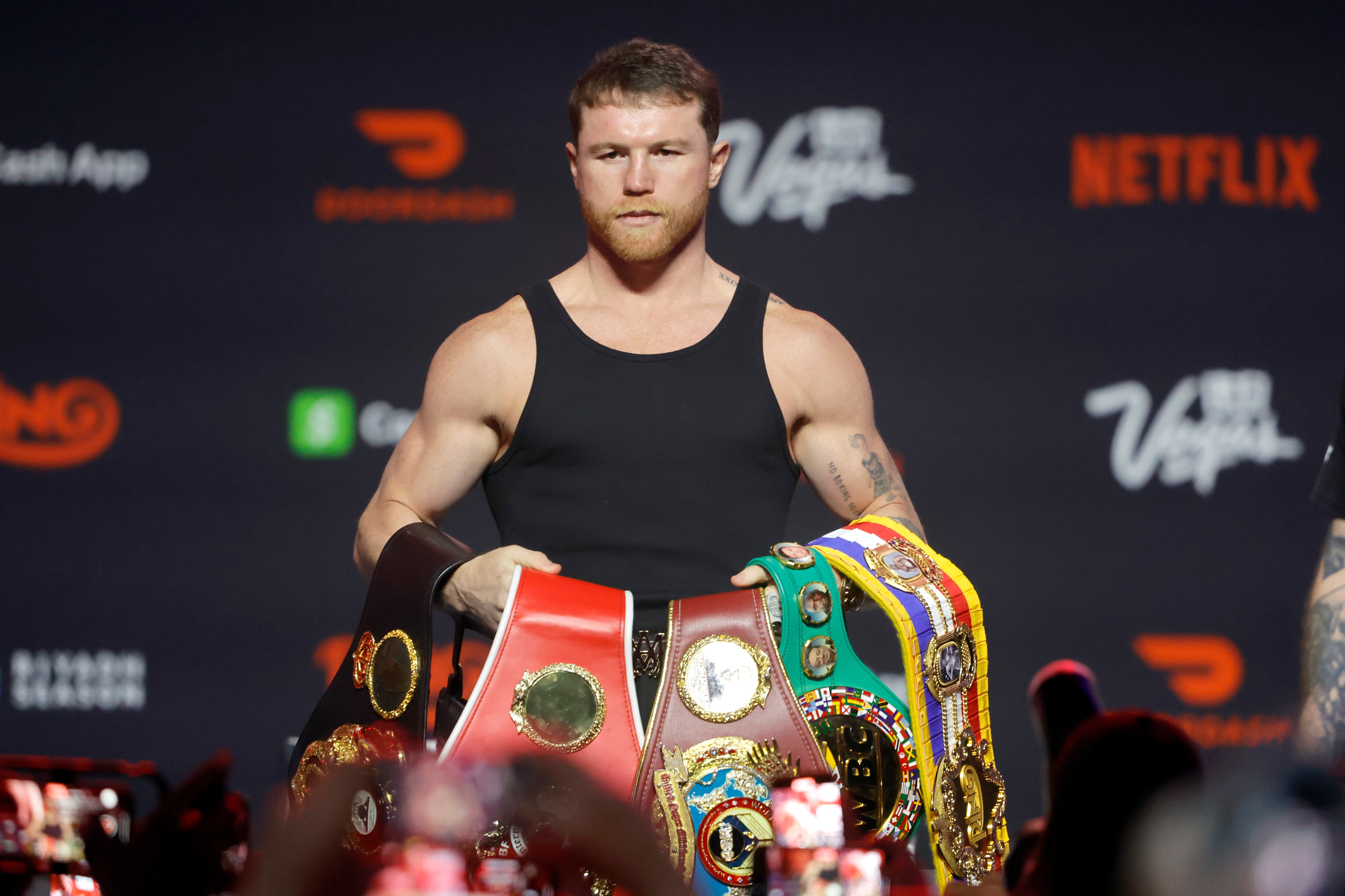 LAS VEGAS, NEVADA - SEPTEMBER 11: Undisputed super middleweight champion Canelo Alvarez poses with his title belts during a news conference at T-Mobile Arena on September 11, 2025 in Las Vegas, Nevada. Alvarez is scheduled to defend his titles against Terence Crawford on September 13, 2025, at Allegiant Stadium in Las Vegas. (Photo by Steve Marcus/Getty Images)