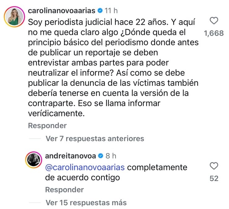 Mensaje de la periodista Carolina Novoa en la cuenta de Instagram de Rafael Poveda.
