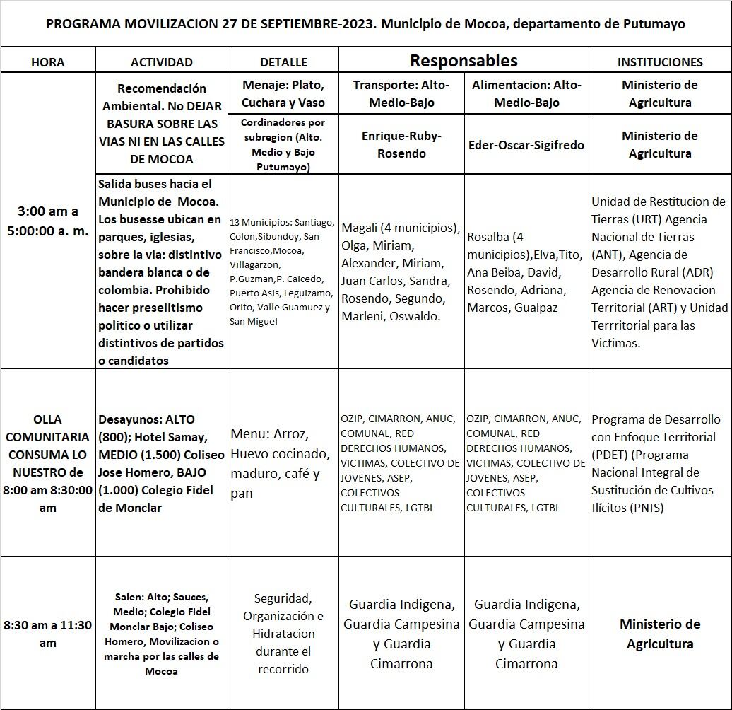 Este es el cronograma de actividades en Mocoa este 27 de septiembre.