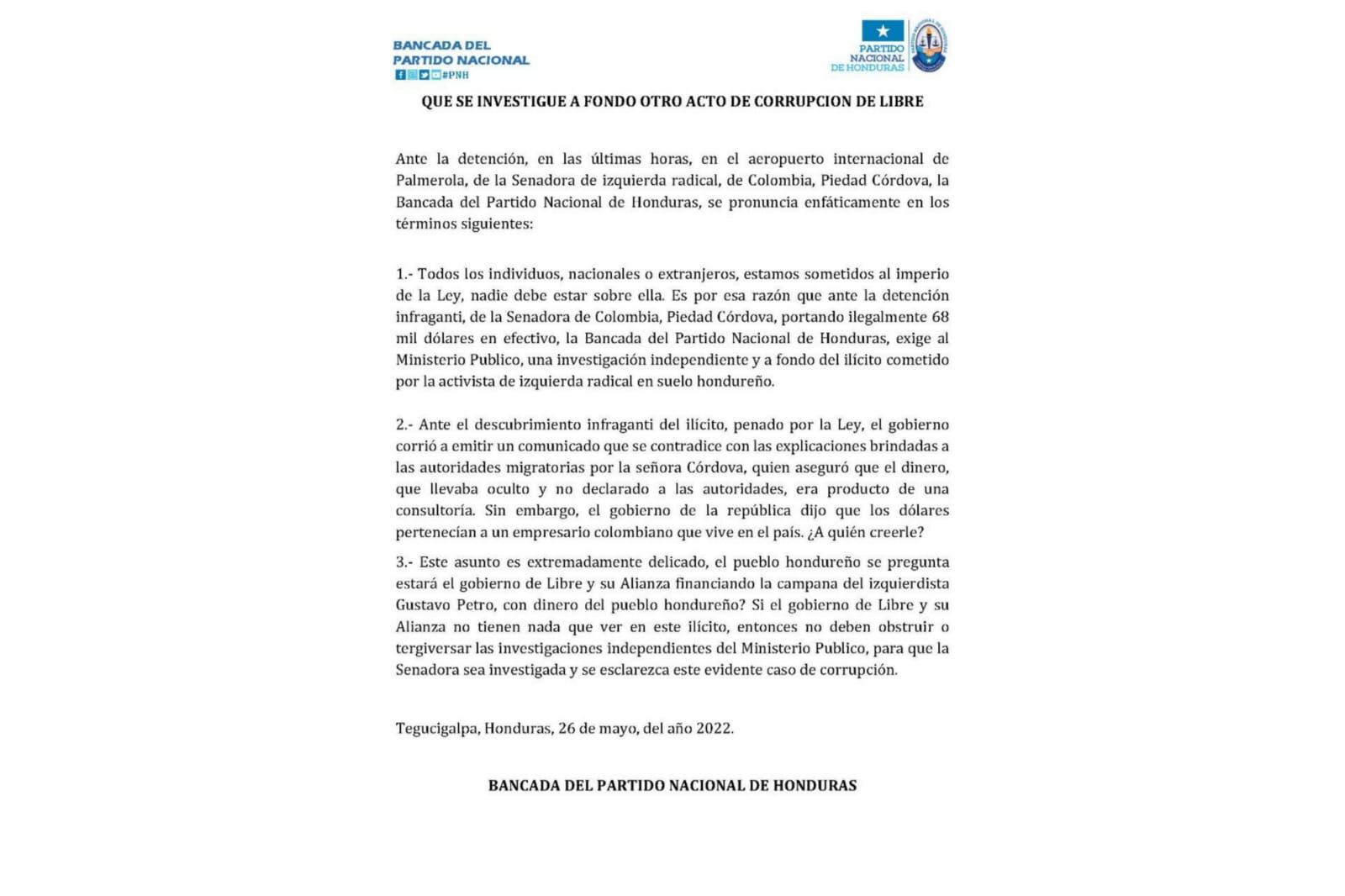 Comunicado Partido Nacional de Honduras