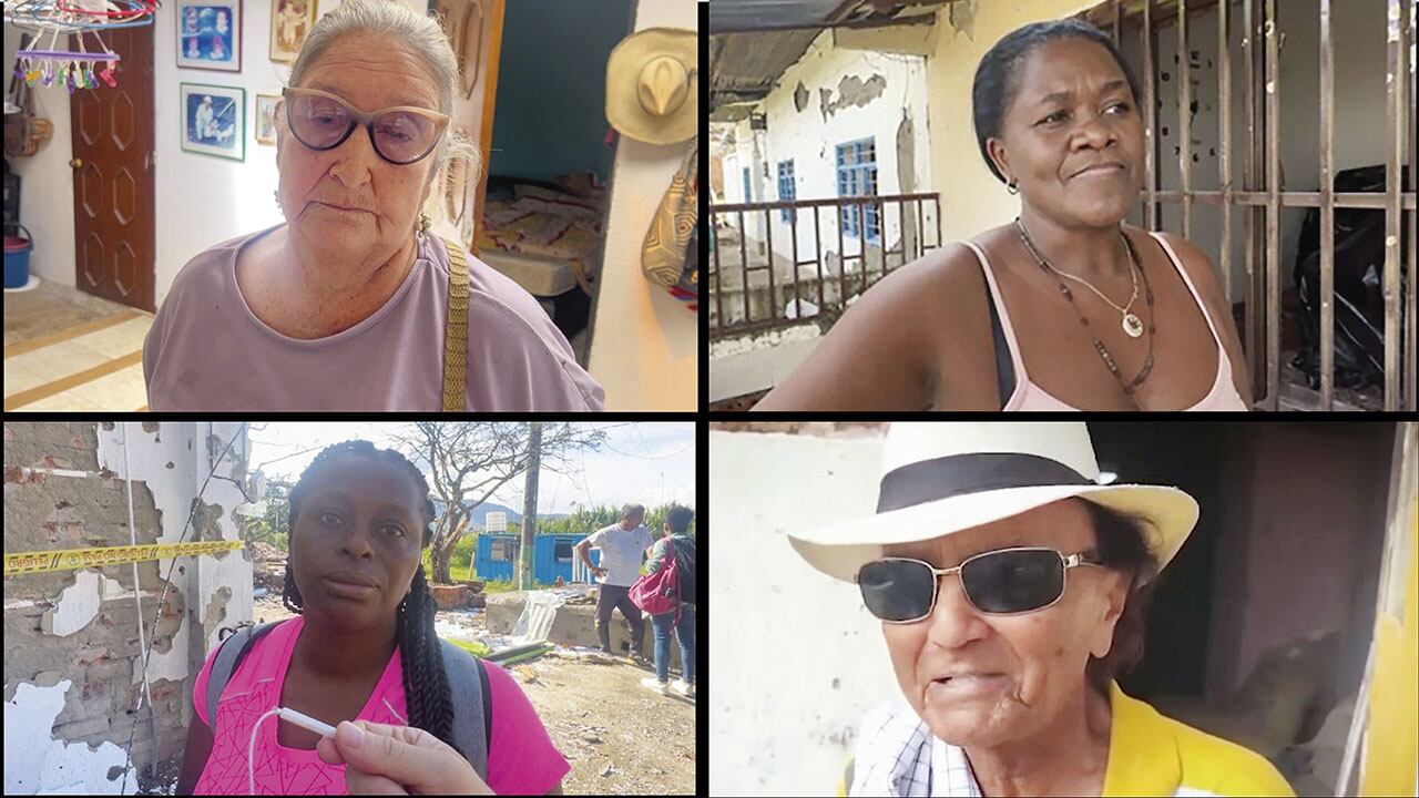 De izquierda a derecha, Nancy Manrique, Yolanda Nazarith, Niyerland Balanta y Enrique Salazar, víctimas directas del ataque de las disidencias de las Farc contra la Policía en el Cauca. Le pidieron al Gobierno que los ayude a reconstruir sus bienes y lugares de trabajo, pues quedaron destrozados.