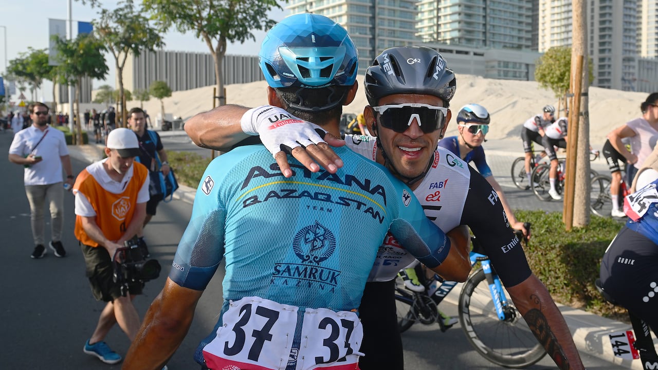DUBAI HARBOUR, UNITED ARAB EMIRATES - FEBRUARY 23: Stage winner Juan Sebastian Molano Benavides of Colombia and UAE Team Emirates (R) celebrates at finish line with Harold Alfonso Tejada Canacue of Colombia and Astana Qazaqstan Team after the 5th UAE Tour, Stage 4 a 174km stage from Al Shindagha to Dubai Harbour / #UAETour / #UCIWT / on February 23, 2023 in Dubai Harbour, United Arab Emirates. (Photo by Dario Belingheri/Getty Images)