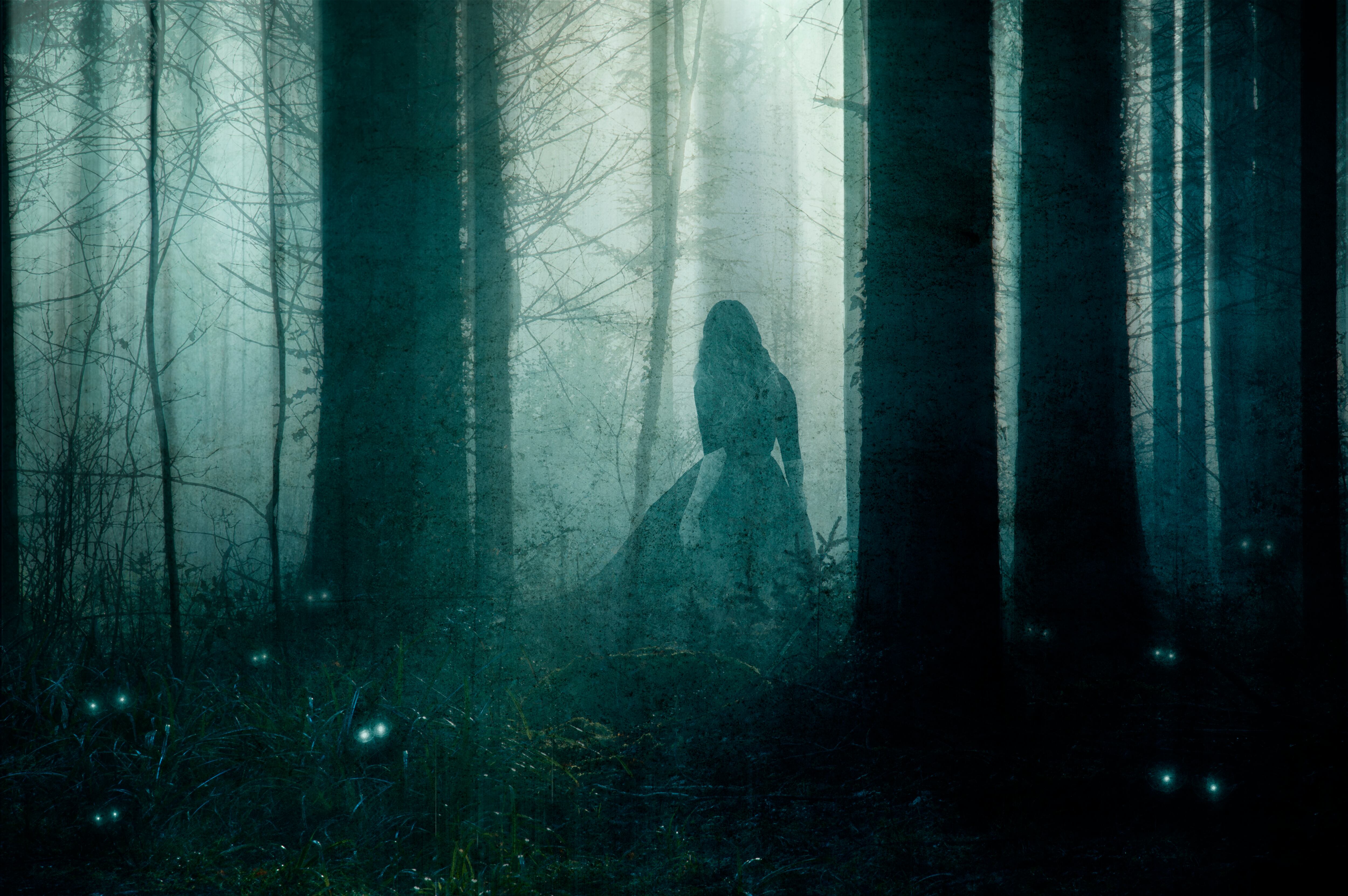 A supernatural concept of a ghostly woman wearing a long dress, walking through a spooky, foggy forest in winter. Surrounded by small magical creatures with glowing eyes. With a grunge, vintage edit.