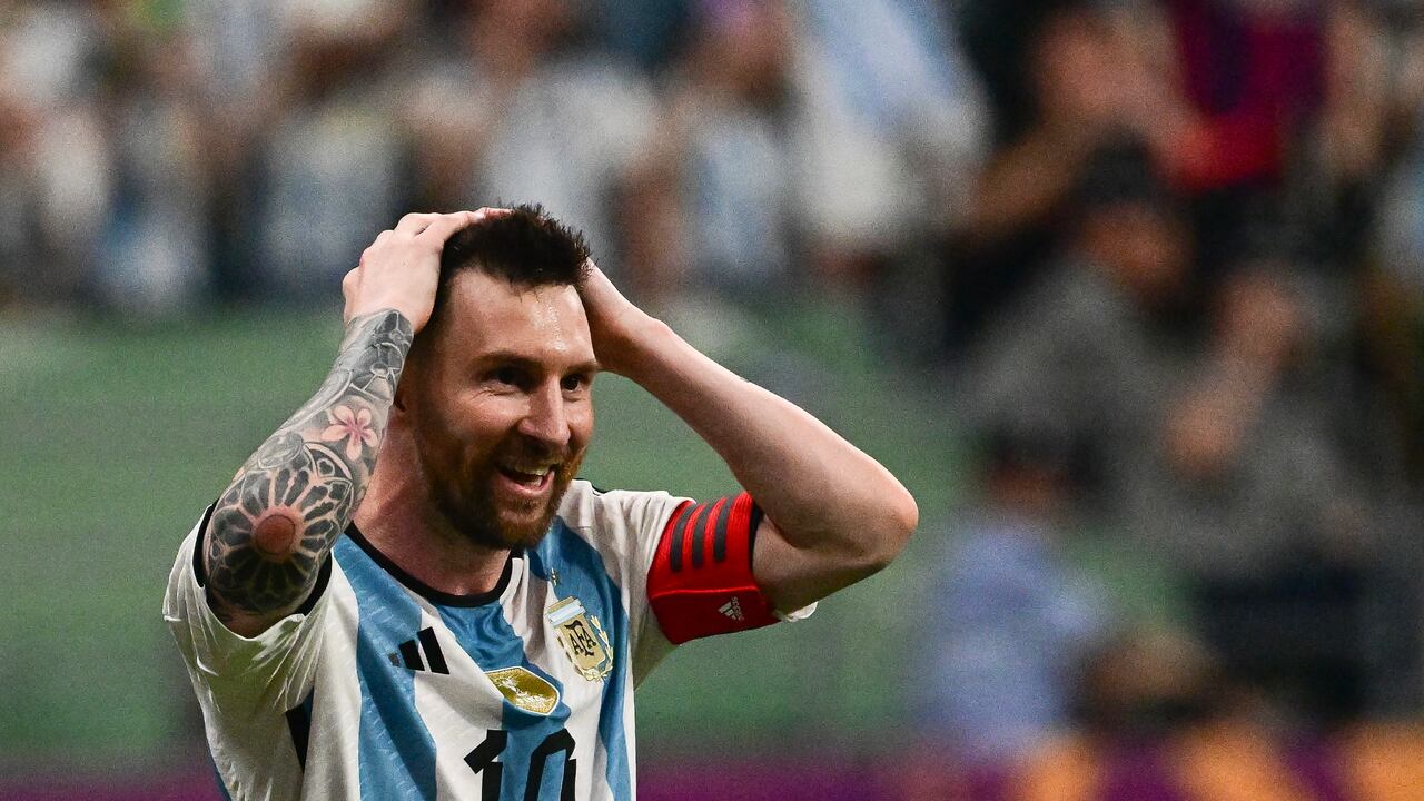 (FILES) Argentina's Lionel Messi reacts during a friendly football match against Australia at the Workers' Stadium in Beijing on June 15, 2023. In an interview with the Miami Herald published June 20, 2023, Mas said Messi was likely to play his first game for Inter against Mexican side Cruz Azul in the regional Leagues Cup competition. (Photo by Pedro PARDO / AFP)