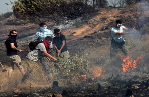 Hombres intentan extinguir los fuegos en Dioni, al este de Atenas, Grecia. 
