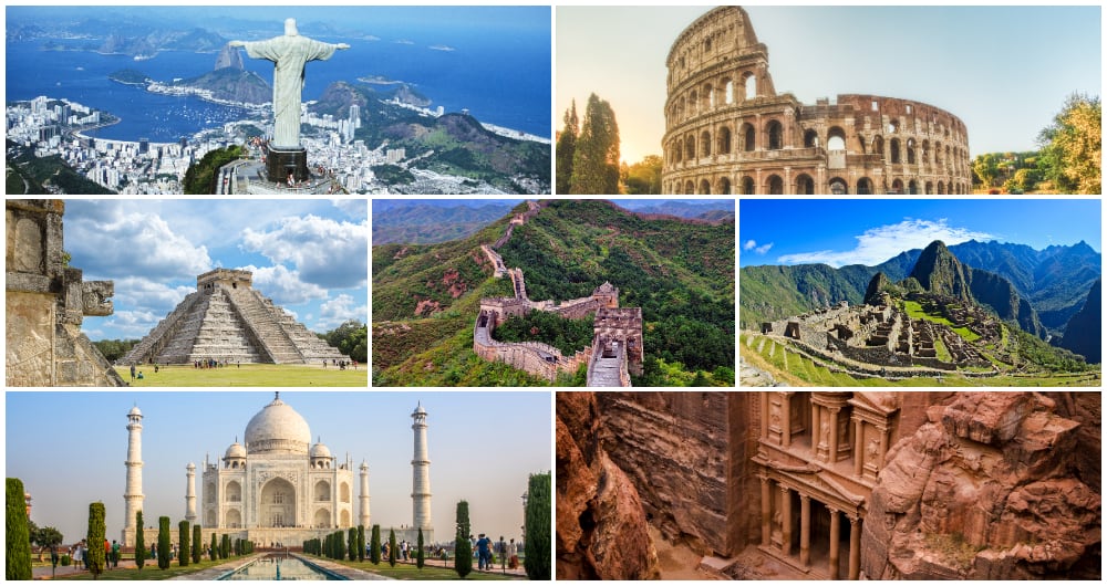 De izquierda a derecha y de arriba a abajo: 

1. La estatua del Cristo Redentor, en Brasil
2. El Coliseo de Roma, en Italia
3. La pirámide de Chichén Itzá, en México
4. La Gran Muralla, en China
5. El santuario de Machu Picchu, en Perú
6. El mausoleo del Taj Mahal, en India
7. Petra, en Jordania