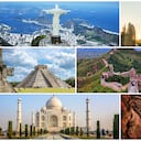 De izquierda a derecha y de arriba a abajo:
1. La estatua del Cristo Redentor, en Brasil
2. El Coliseo de Roma, en Italia
3. La pirámide de Chichén Itzá, en México
4. La Gran Muralla, en China
5. El santuario de Machu Picchu, en Perú
6. El mausoleo del Taj Mahal, en India
7. Petra, en Jordania