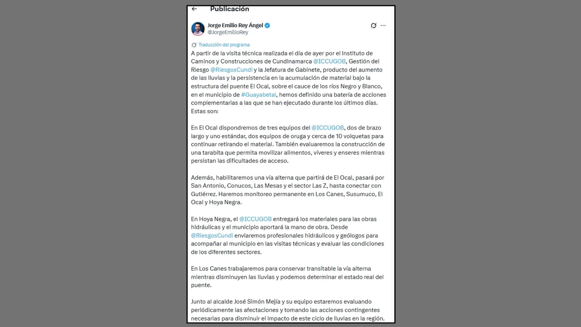 El gobernador Jorge Rey anunció nuevas medidas para atender las afectaciones por las lluvias en Guayabetal y facilitar el acceso a las zonas afectadas.
