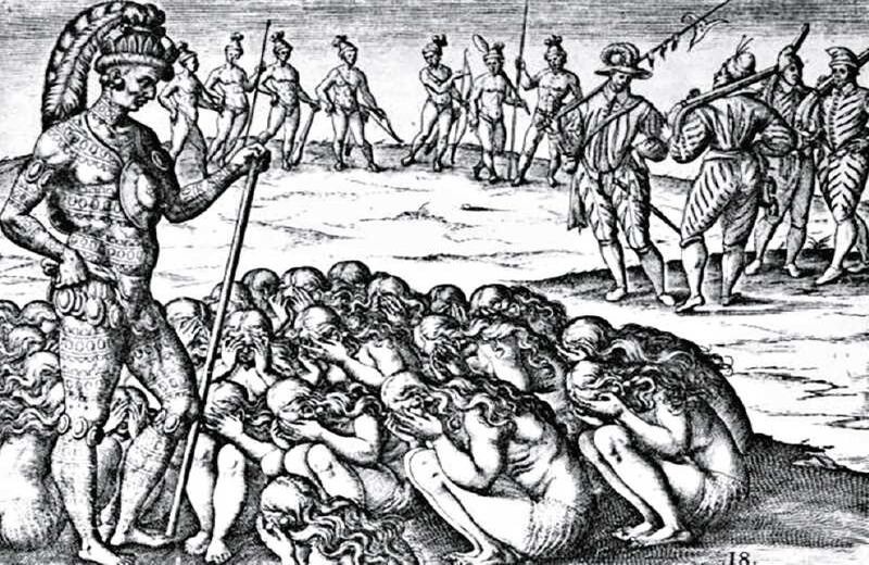 Ilustración  de Theodor de Bry a partir de los bocetos que el pintor Jacques Le Moyne,  protagonista de ‘Tríptico de la infamia’, hizo de los indígenas norteamericanos.