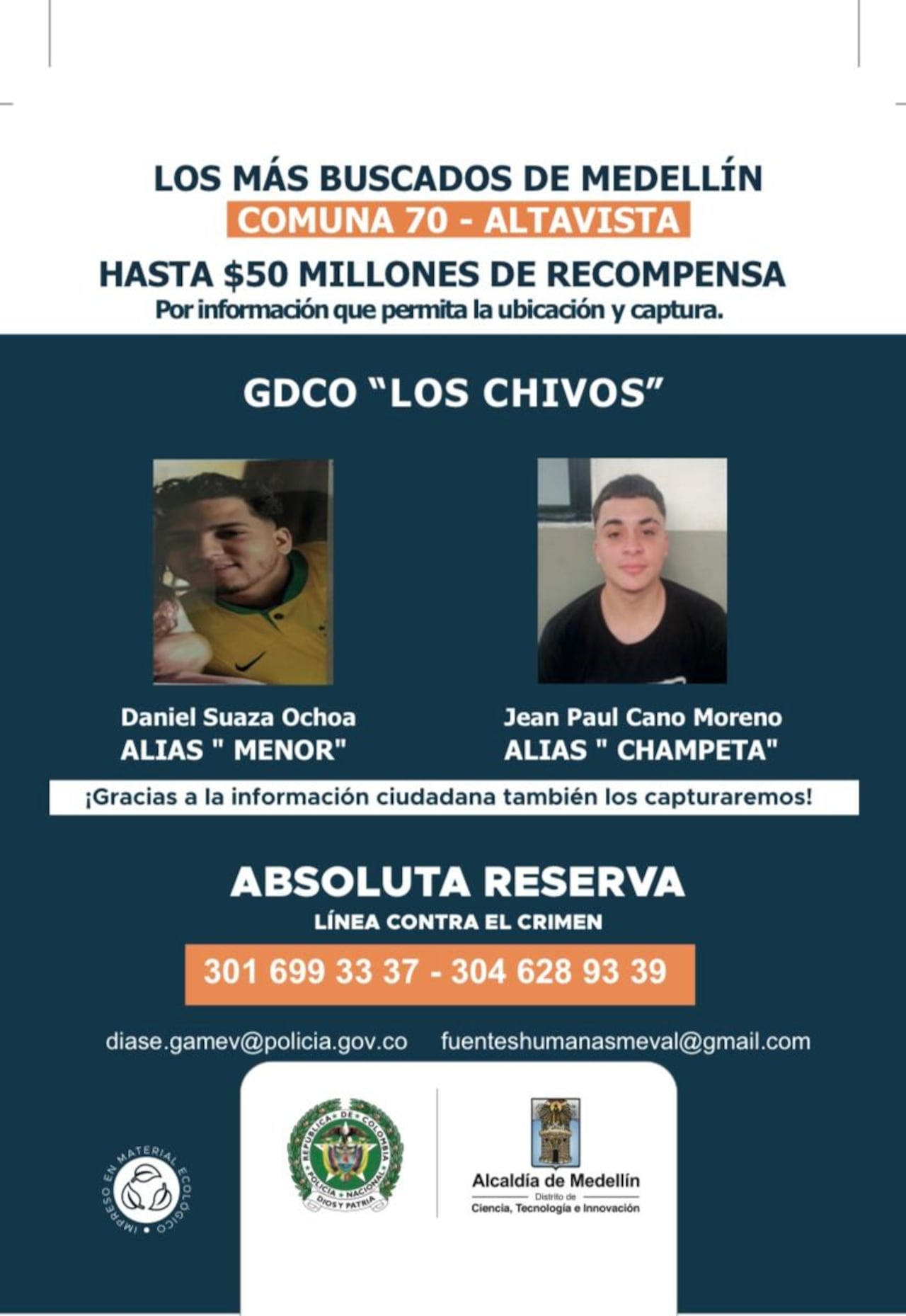 Rostros supuestos integrantes de Los Chivos, banda que delinque en Altavista, en Medellín.