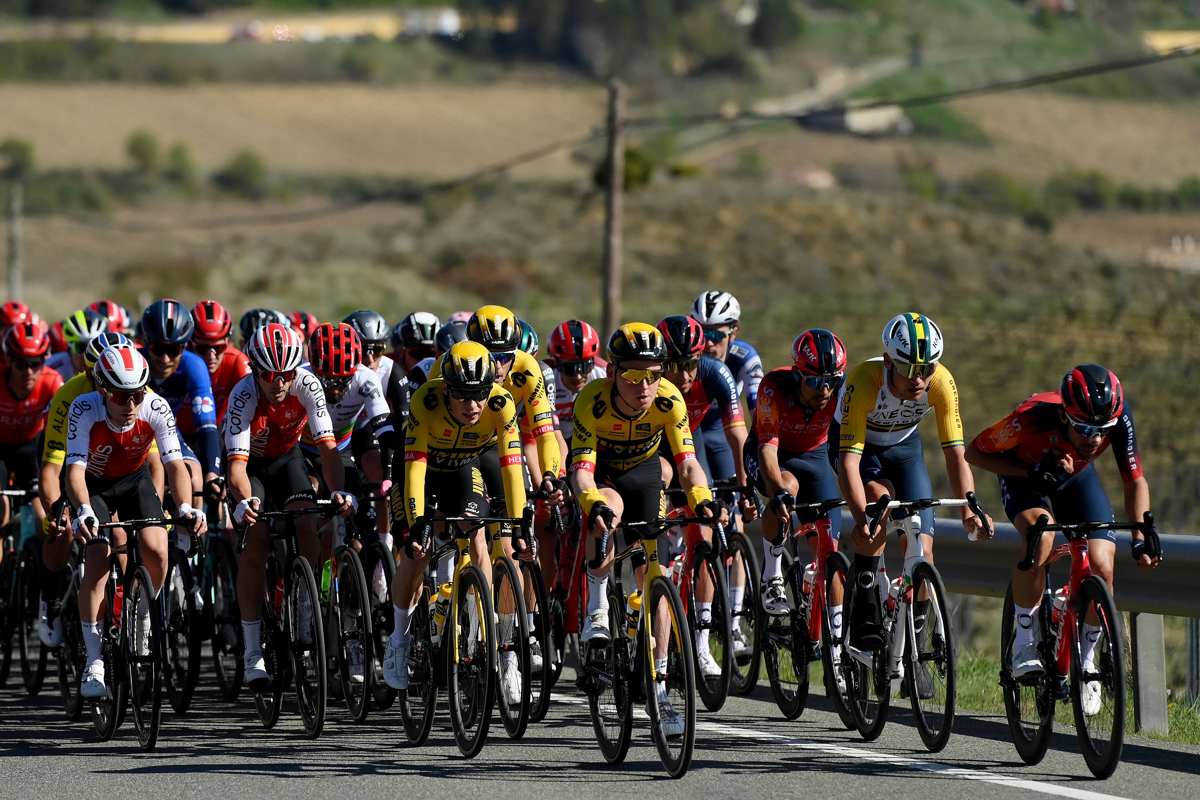 LABASTIDA, SPAIN - APRIL 03: (L-R) Rémy Rochas of France, Ion Izaguirre of Spain and Team Cofidis, Jonas Vingegaard of Denmark, Sam Oomen of The Netherlands and Team Jumbo – Visma, Daniel Felipe Martinez of Colombia, Lucas Plapp of Australia, Jonathan Castroviejo of Spain and Team INEOS Grenadiers and the peloton compete during the 2nd Itzulia Basque Country, Stage 1 a 165.4km stage from Vitoria-Gasteiz to Labastida 527m / #Itzulia2023 / on April 03, 2023 in Labastida, Spain. (Photo by David Ramos/Getty Images)