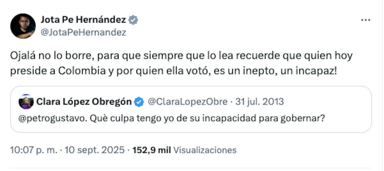 El mensaje de Jota Pe Hernández en X.