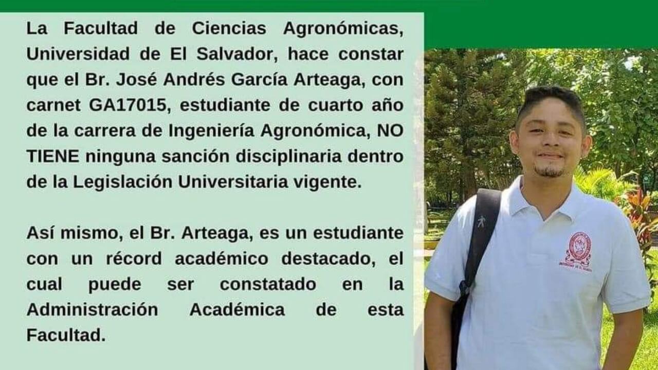 José Andrés García, joven estudiante preso en El Salvador, del que reclaman detención arbitraria por operación en Soyapango, contra pandillas.