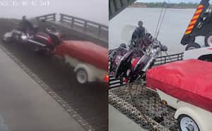 La moto de Mark Hagen quedó colgando del puente levadizo, aferrado al mismo gracias al remolque que transportaba.