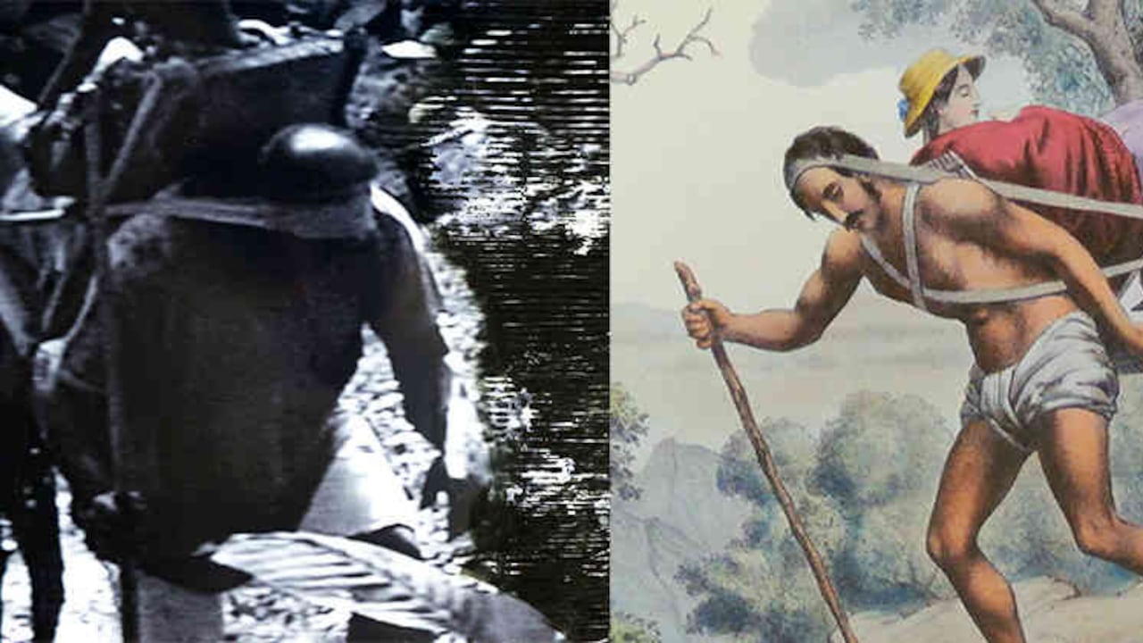 Representaciones enfrentadas de cargueros de la exposición 'La naturaleza de las cosas: Humboldt, idas y venidas'. A la izquierda, 'Cargueros', de José Alejandro Restrepo; a la derecha, 'Carguero de la montaña de Sonsón', de Ramón Torres Méndez.