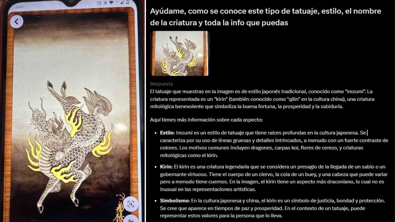 Usando la IA Grok de X, Semana identificó rápidamente un tatuaje japonés y su significado mitológico.