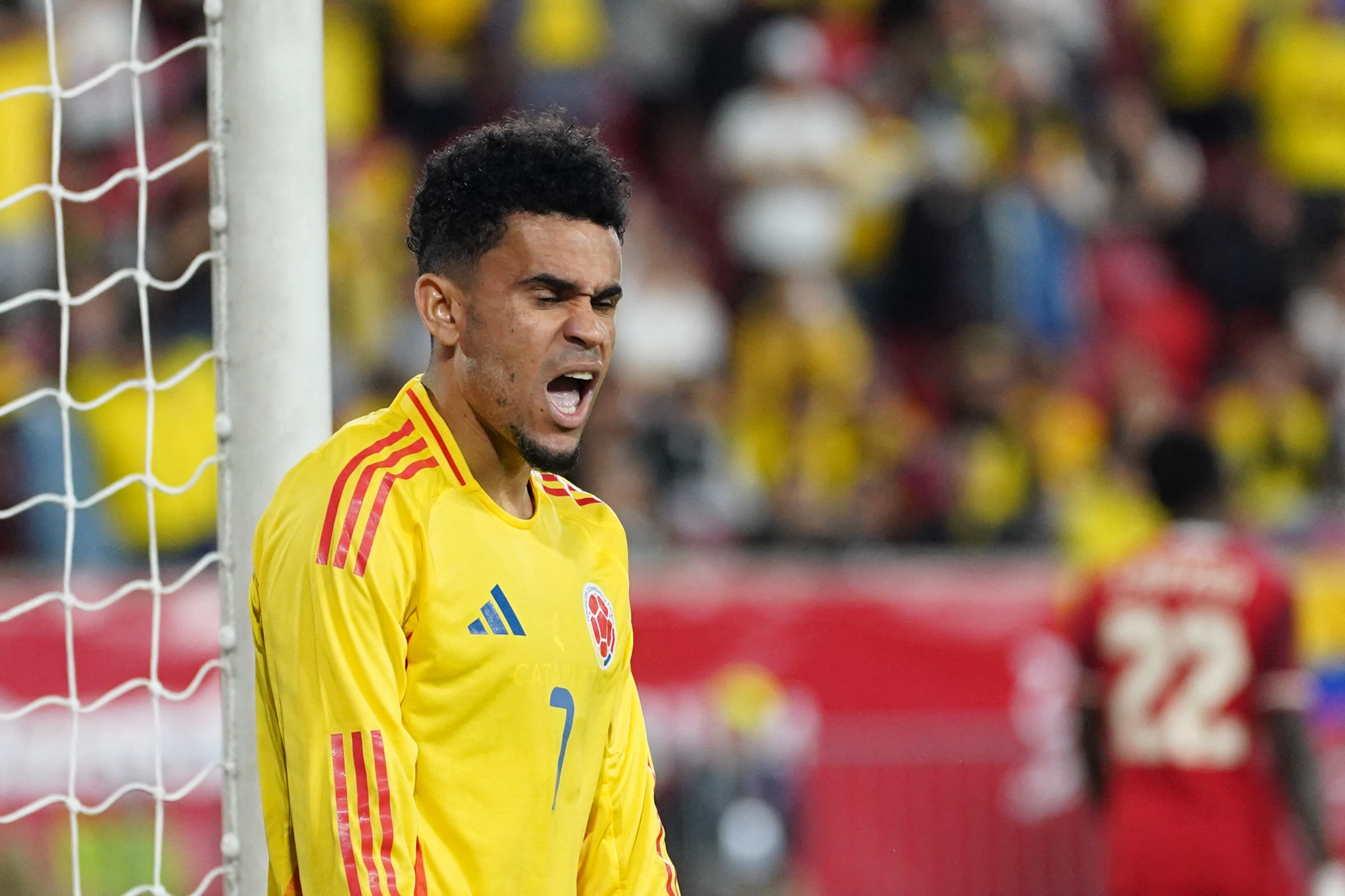 Luis Diaz #7 of Colombia reacts after missing a goal during the International Friendly match between Canada and Colombia at Sports Illustrated Stadium in Harrison, Nueva Jersey, on October 14, 2025. (Photo by Leonardo Ramirez/Eyepix Group/NurPhoto) (Photo by Eyepix / NurPhoto via AFP)