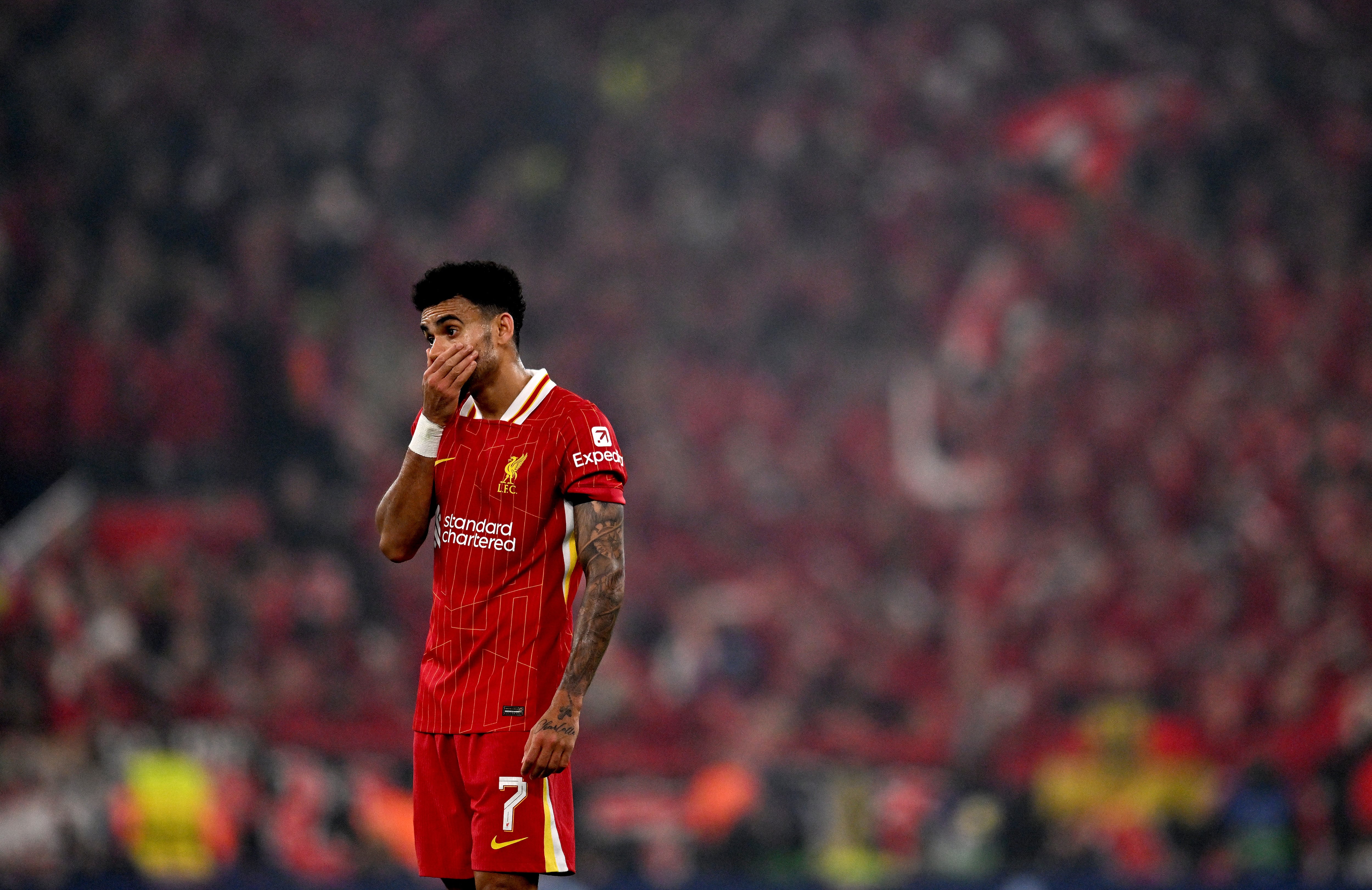 LIVERPOOL, ENGLAND - NOVEMBER 05: (THE SUN OUT, THE SUN ON SUNDAY OUT) Luis Diaz of Liverpool during the UEFA Champions League 2024/25 League Phase MD4 match between Liverpool FC and Bayer 04 Leverkusen at Anfield on November 05, 2024 in Liverpool, England. (Photo by Andrew Powell/Liverpool FC via Getty Images)
