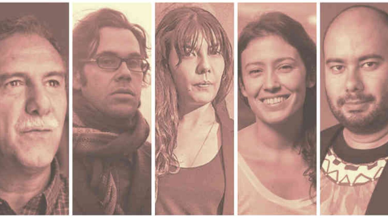 De izquierda a derecha: Víctor Gaviria, Miguel Salazar, Laura Mora, Daniela Abad y Ciro Guerra. Fotos: Archivo Arcadia.