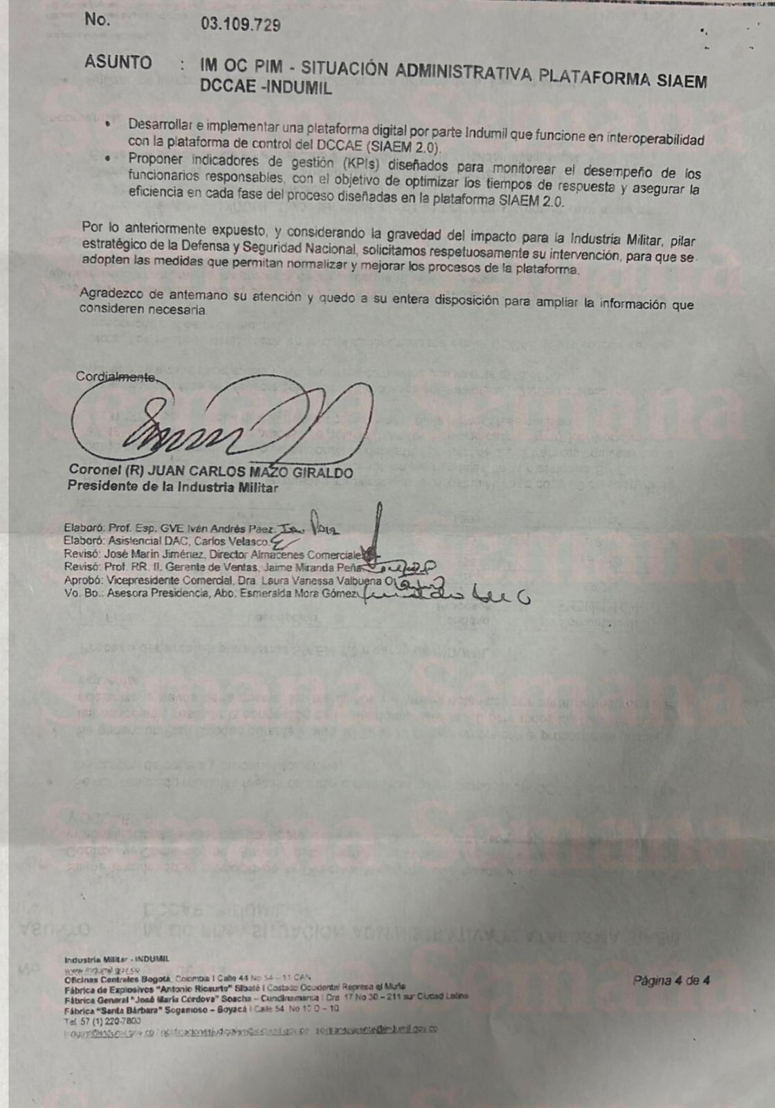 En este documento el presidente de Indumil le dice al Ministro de Defensa que la situación es bastante grave.