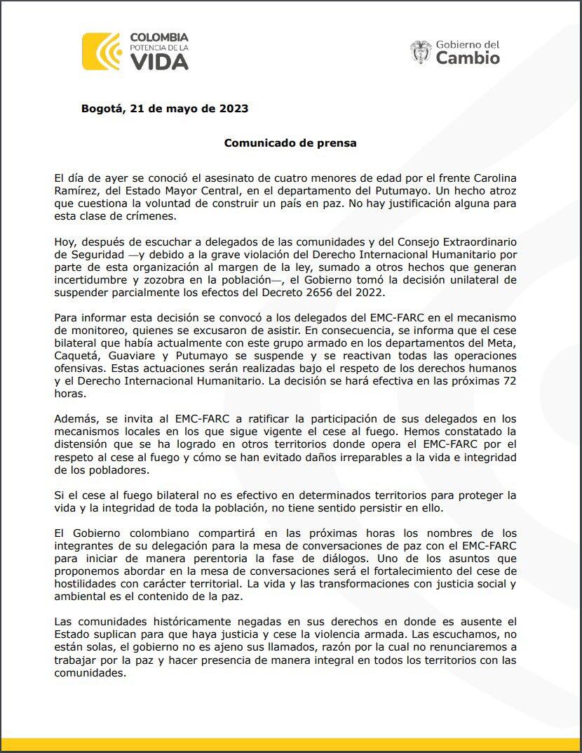 Comunicado difundido por la Presidencia de la República.