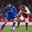 James Rodríguez, del Everton, durante el partido de fútbol de la Premier League inglesa entre el Arsenal y el Everton en el estadio Emirates de Londres, el viernes 23 de abril de 2021 (Justin Setterfield / Pool vía AP).