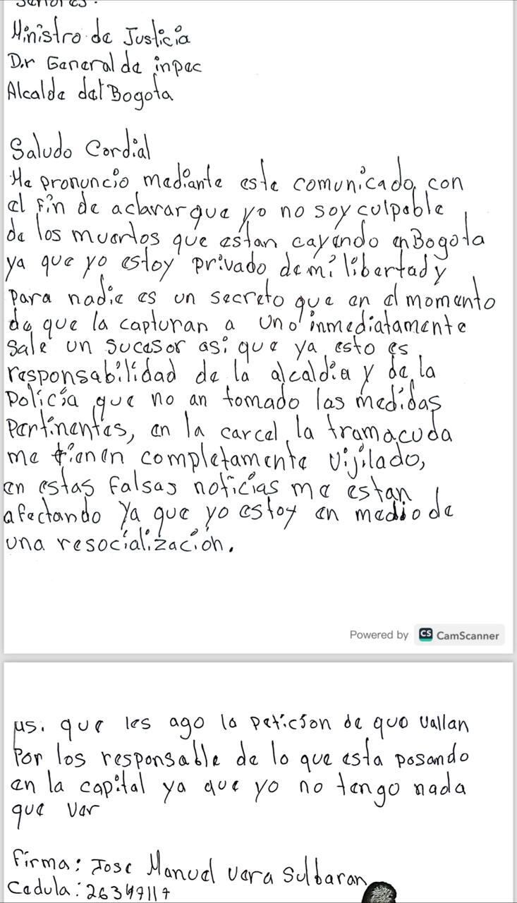 Esta es la carta de alias Satanás, en donde asegura que no tiene nada que ver con la ola de violencia en Bogotá.