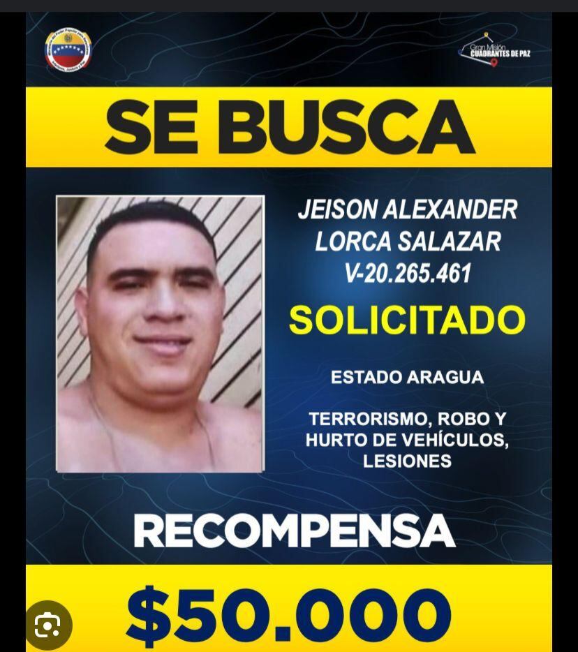 Jeison Comino, buscado en Venezuela con una recompensa de 50 mil dólares.