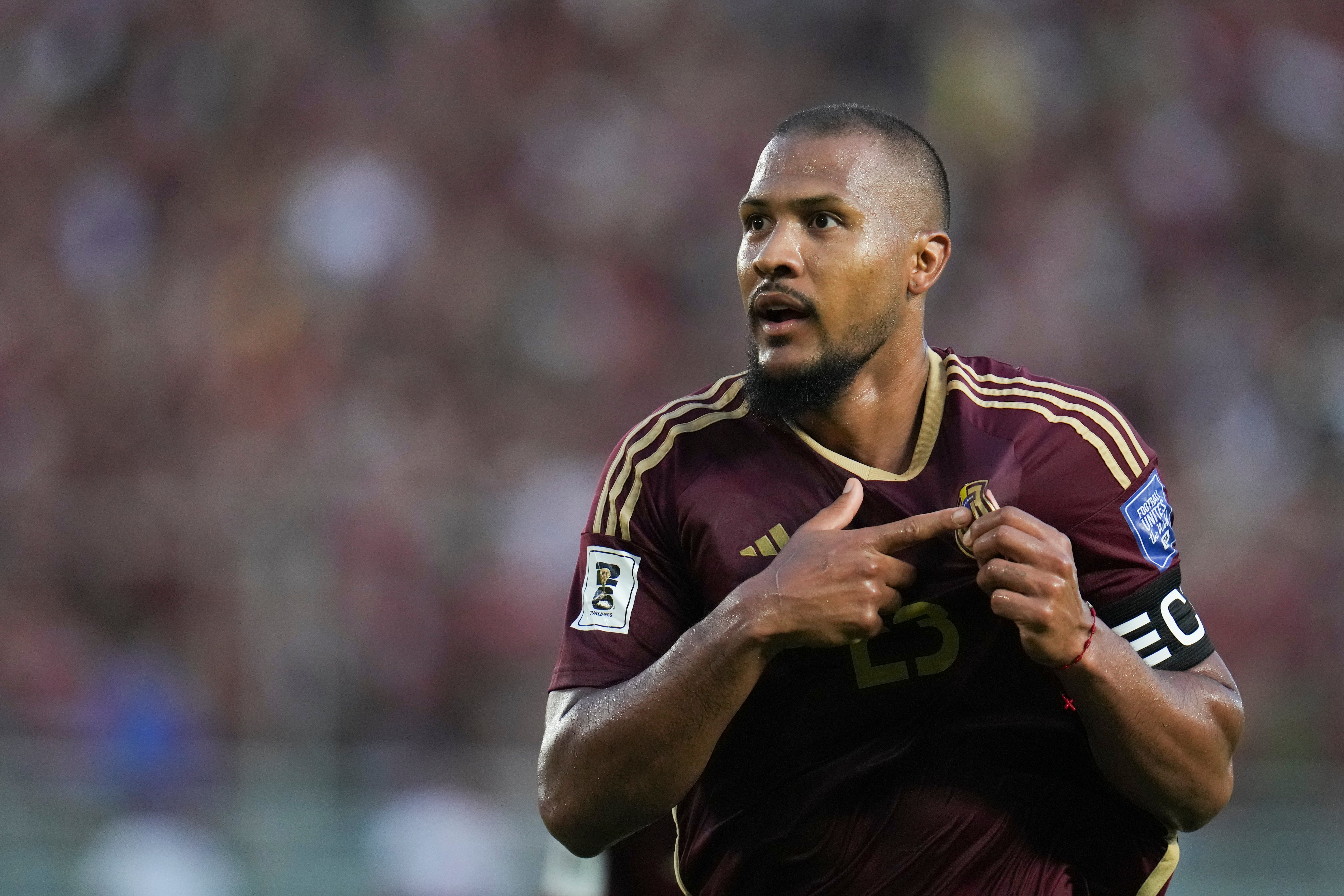 Venezuela's Salomon Rondon celebrates scoring his side's second goal against Bolivia during a World Cup 2026 qualifying soccer match in Maturin, Venezuela, Friday, June 6, 2025. (AP Photo/Ariana Cubillos)