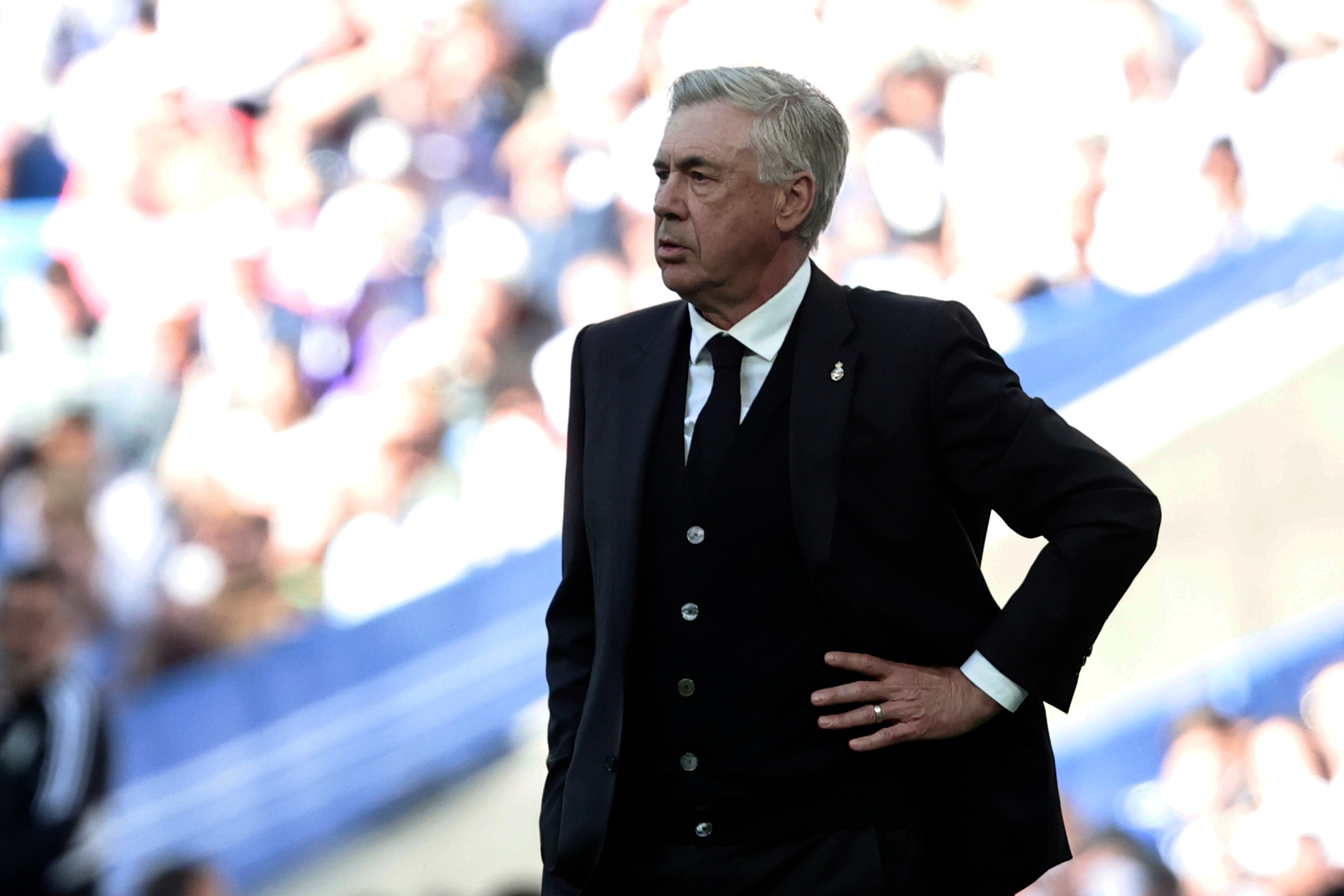 Real Madrid's head coach Carlo Ancelotti gestures during a Spanish La Liga soccer match between Real Madrid and Valladolid at the Santiago Bernabeu stadium in Madrid, Spain, Sunday, April 2, 2023. (AP Photo/Pablo Garcia)
