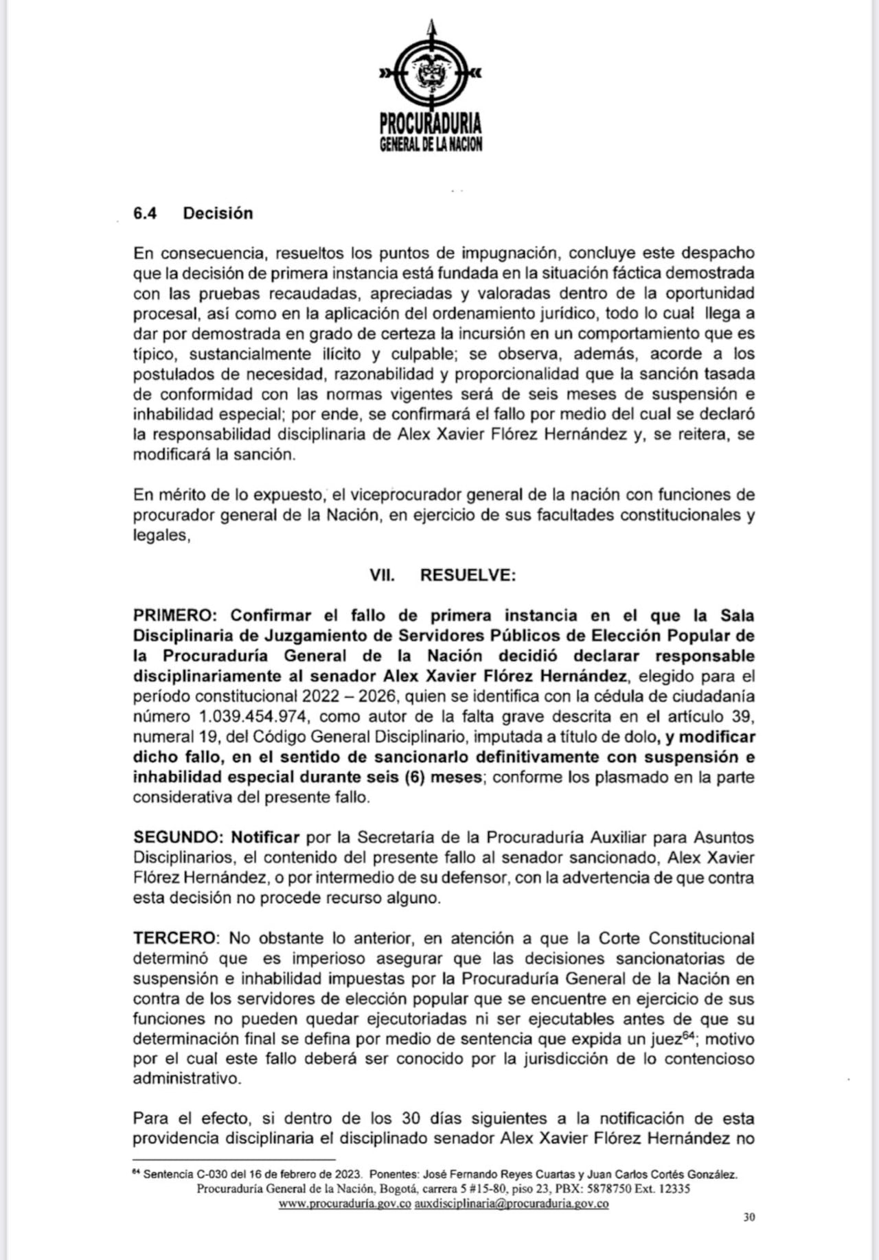 El fallo de la Procuraduría que suspendió por 6 meses al senador Álex Flórez.